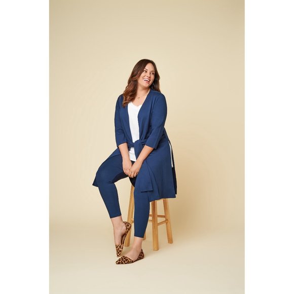 Seek No Further Plus Size- 3X Ponte Open Front Long Cardigan-Navy Nights - Picture 3 of 7